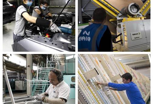 Imágenes de centros de trabajo de PSA Zaragoza, Saica, BSH Electrodomésticos y Aliance Healthcare.